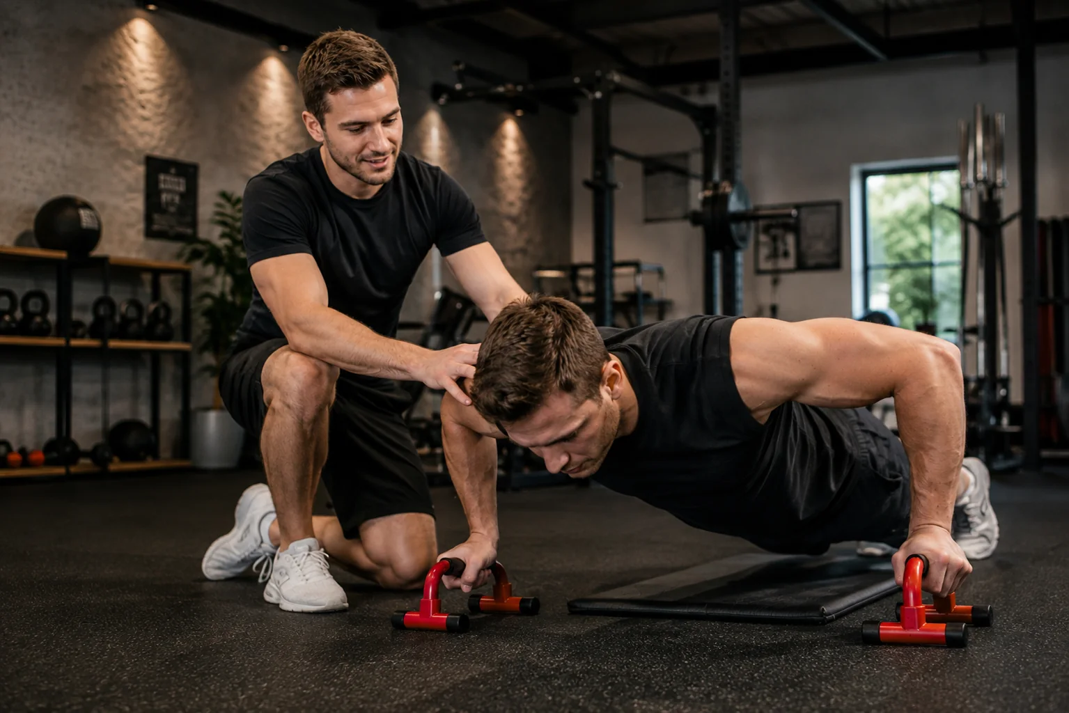 Coach sportif corrigeant un exercice de renforcement